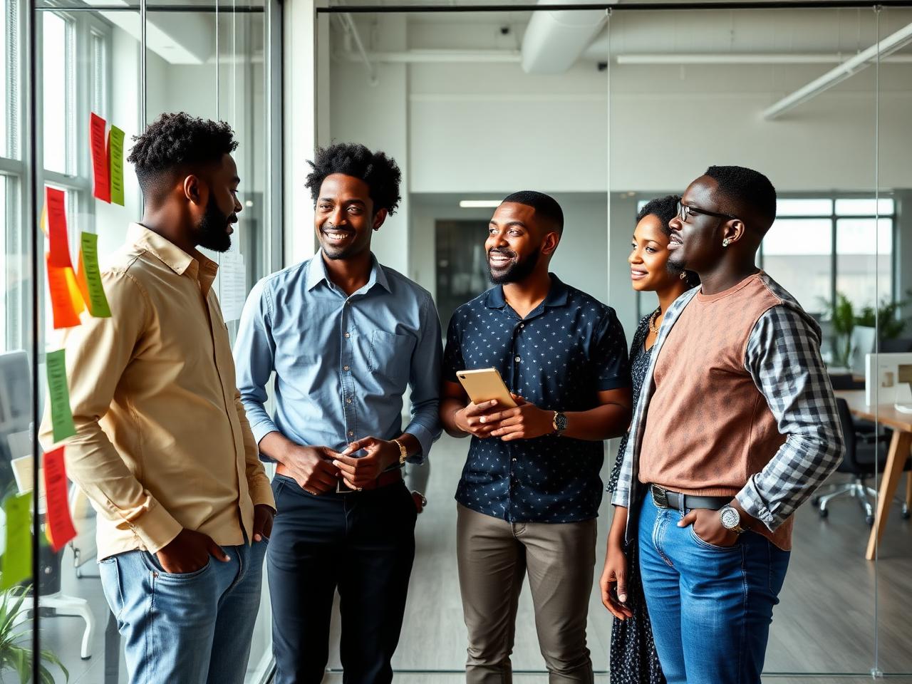 Young Nigerian innovators mapping ideas on a glass wall in a coworking space