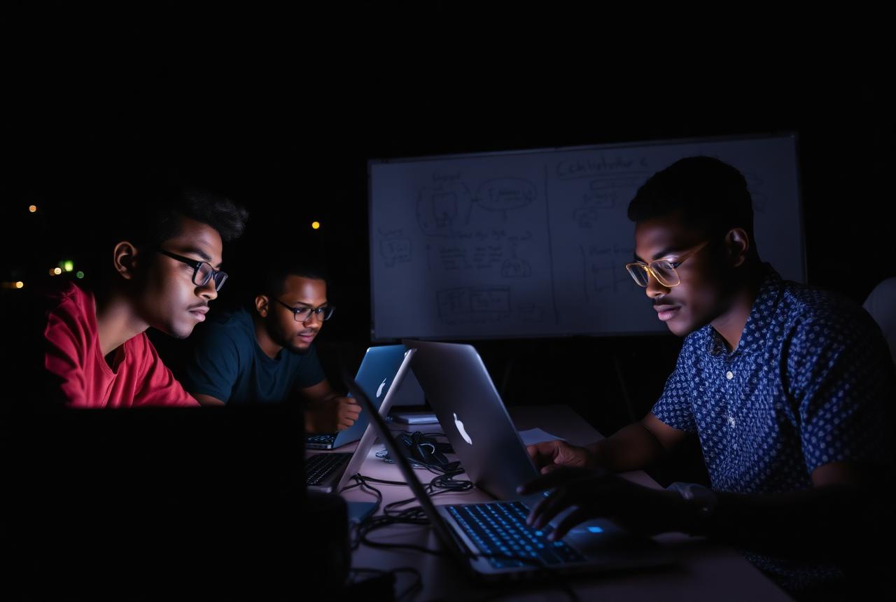 Nigerian hackathon team building late into the night around glowing laptops